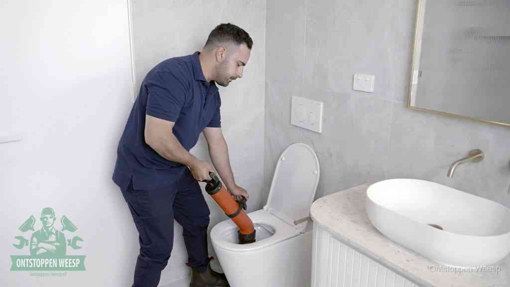 Een wc wordt met een handmatige ontstopper losgepompt, een verstopt toilet zelf ontstoppen met huismiddelen in Weesp